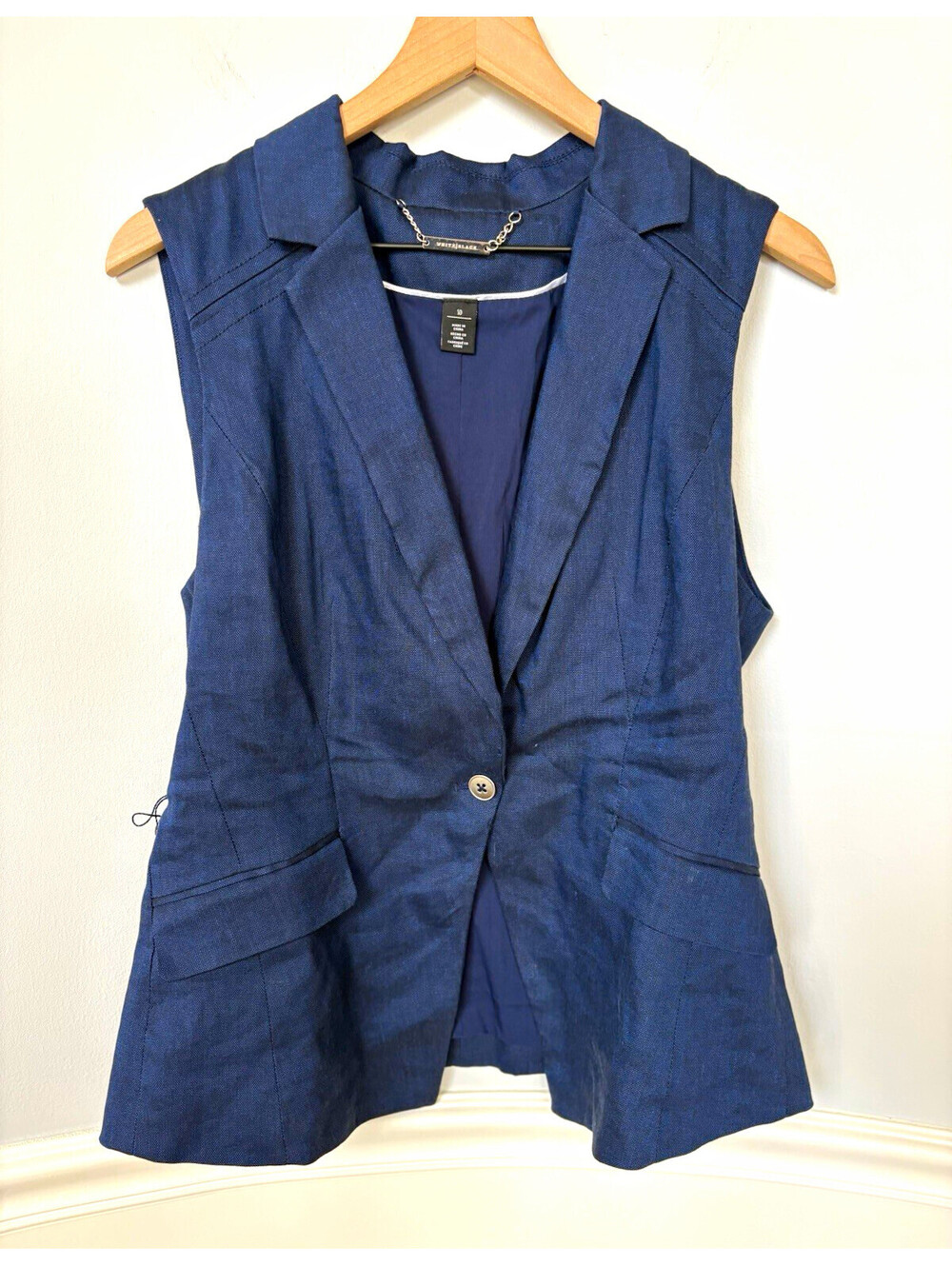 White House Black Market Blue Sleeveless Button Front Belted Vest Collared 10